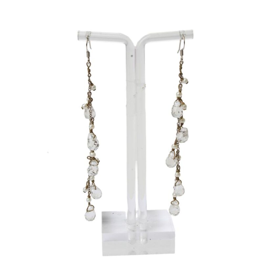 Designer Womens Silver Tone Rock Crystal + Seed Pearl Dangle Earrings OS
